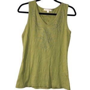 Ribbed Green Sleeveless Tank Top W/ Rhinestone Design V-Neck Large